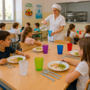 Niños sentados en un comedor escolar compartiendo mesa con jarras de agua, vasos apilables y platos