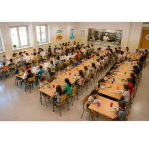 Niños sentados en un comedor escolar compartiendo mesa con jarras de agua, vasos apilables y platos