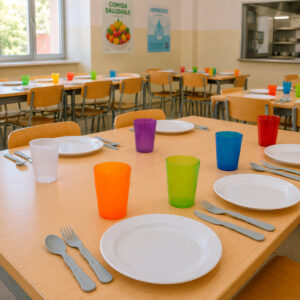 Niños sentados en un comedor escolar compartiendo mesa con jarras de agua, vasos apilables y platos