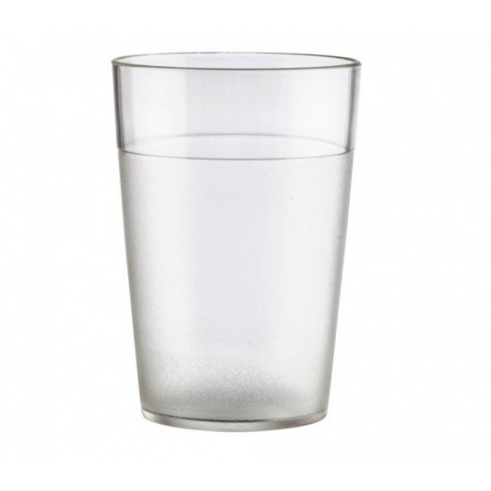Vaso de agua transparente de 250cc fabricado en plástico copoliéster irrompible para comedores escolares.