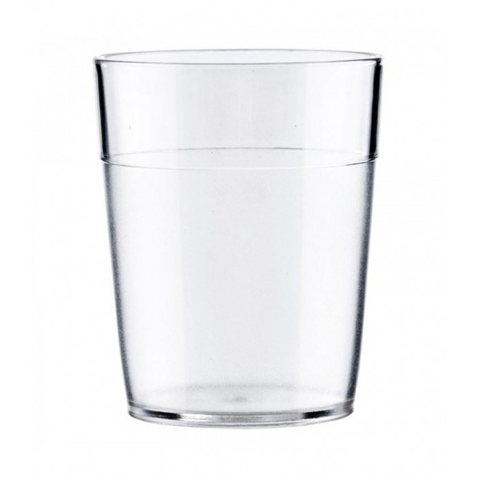 Vaso de agua transparente de 350cc fabricado en plástico copoliéster irrompible para comedores escolares.