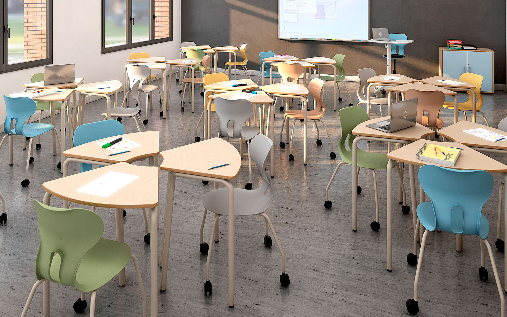 aula flexible con mesas colaborativas Hexa