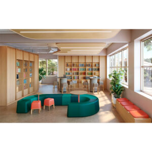 Asientos modulares Programa FLEXY SAREK para bibliotecas escolares y rincones de lectura.