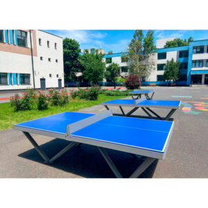 Mesa de ping-pong exterior antivandálica VMOTCF color azul para colegios, institutos y parques públicos.
