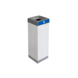 Papelera de reciclaje Denia de 45 litros con cuerpo de cartón Kraft y tapa plástica de color.