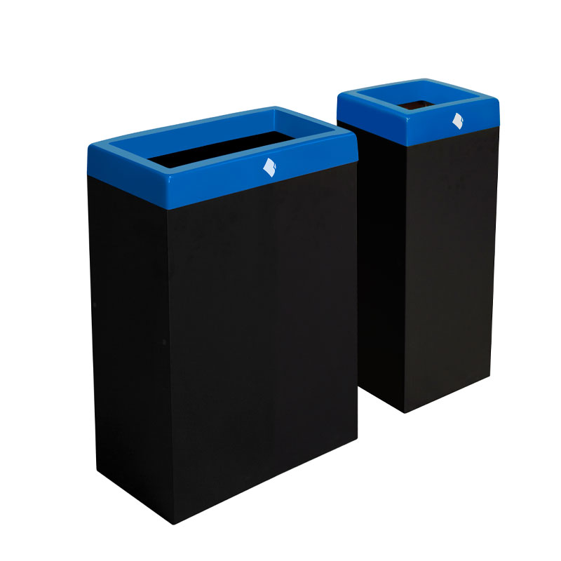 Papelera modular Calpe con estructura metálica rectangular y cabezal superior de plástico para separación de residuos.