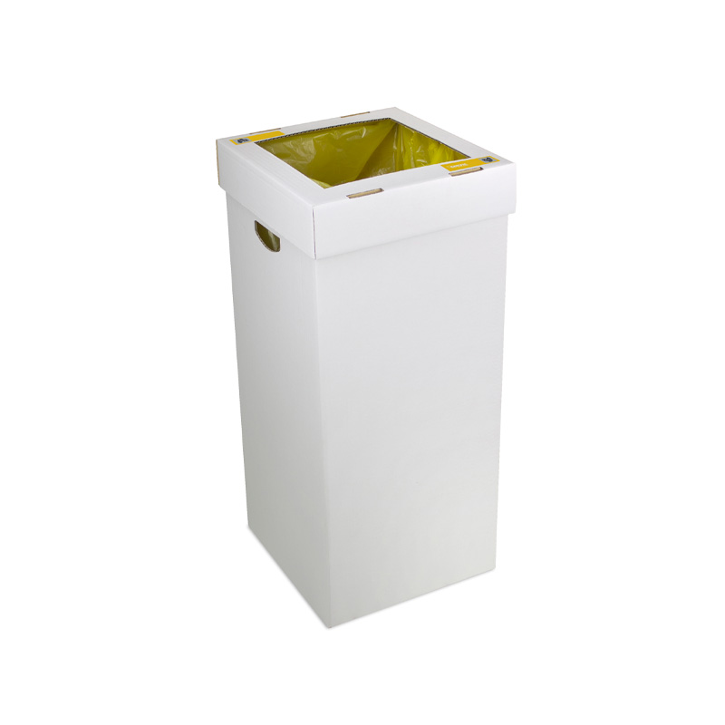 Papelera de reciclaje Aneto de 100 litros fabricada en cartón Kraft marrón con tapa superior de boca abierta.