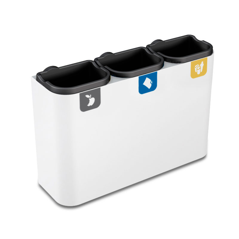 Papelera multiresiduo compacta para reciclaje interior con 2 o 3 compartimentos para centros educativos y oficinas.