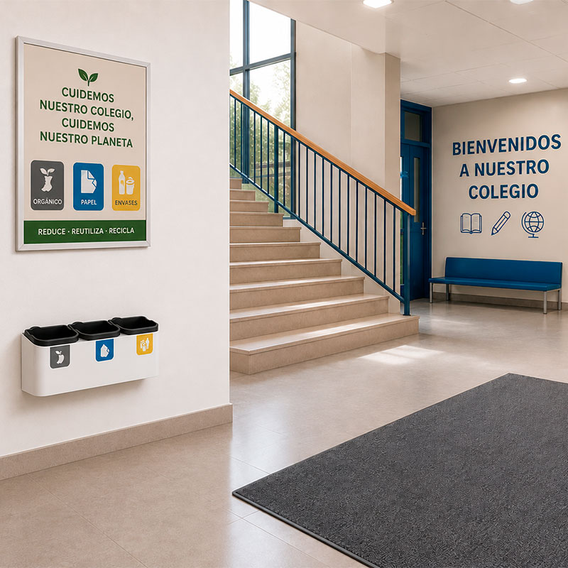 Papelera multiresiduo compacta para reciclaje interior con 2 o 3 compartimentos para centros educativos y oficinas.