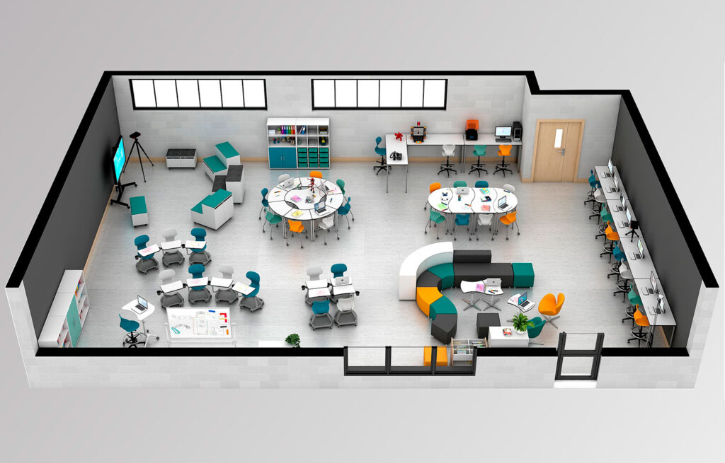 render de como diseñar el aula steam, diferentes zonas de aprendizaje