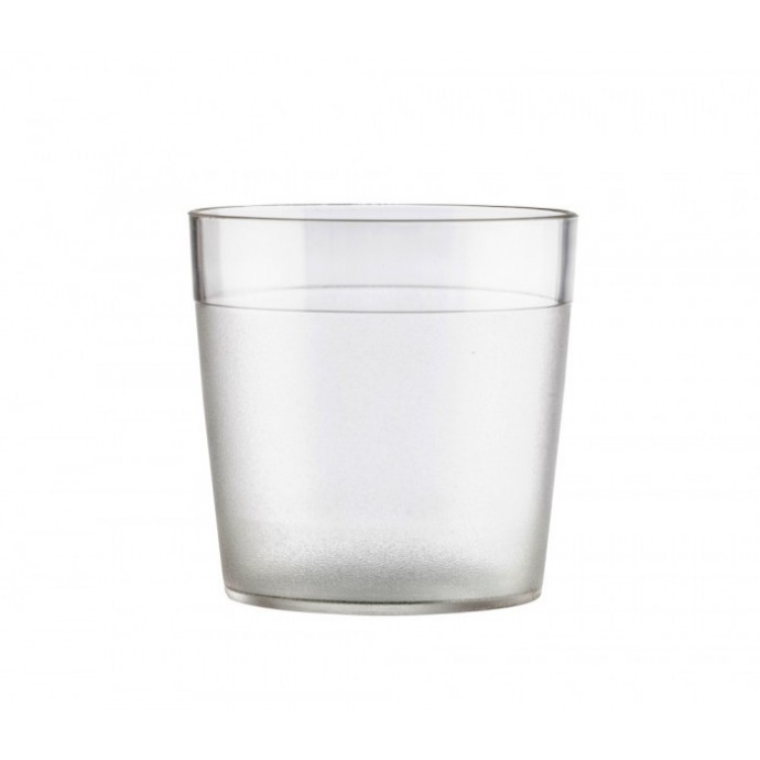 Vaso de agua transparente de 170cc fabricado en plástico copoliéster irrompible para comedores escolares.