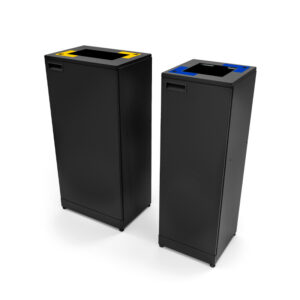 Papeleras de reciclaje modular Turín de 65 litros y 95 litros en acero negro con puertas frontales.