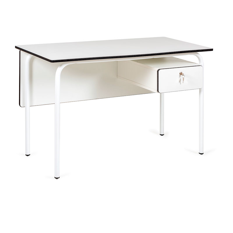 Mesa de profesor escolar Serie NEO con estructura metálica blanca, tablero de Compactmel blanco, cajón con cerradura y faldón frontal.