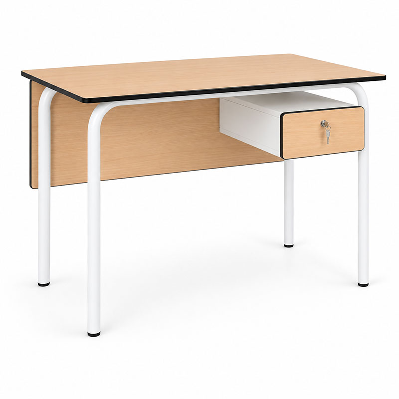 Mesa de profesor escolar Serie GEO con estructura blanca y tablero Compactmel Haya