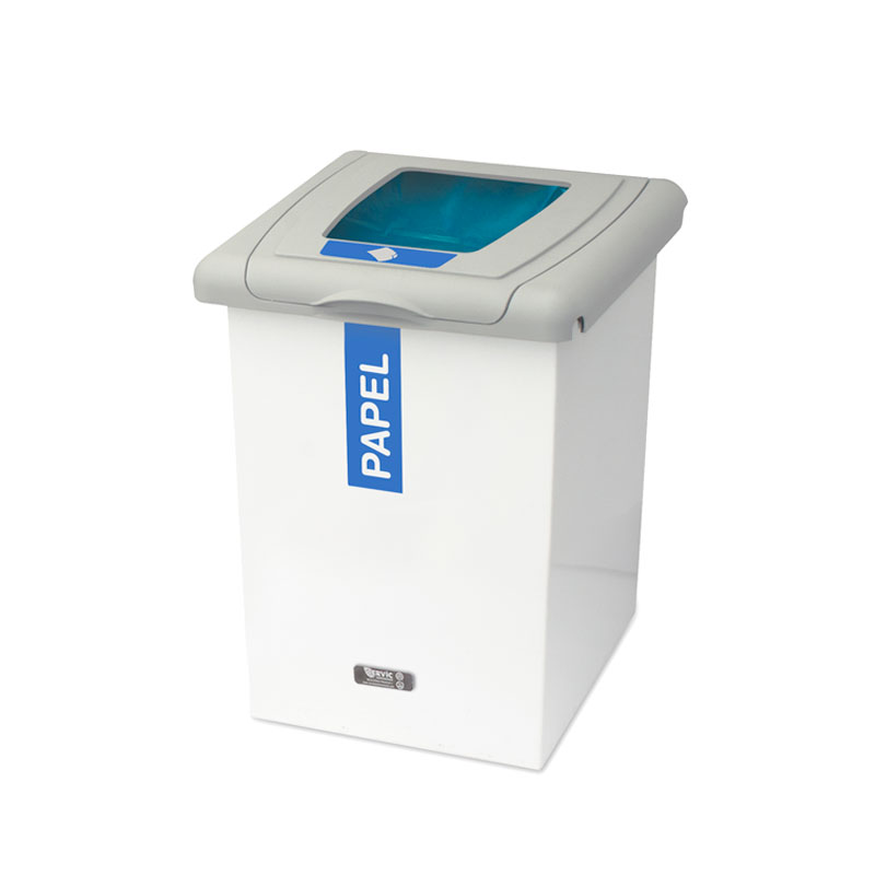 Papelera de reciclaje multiresiduo modelo Oporto con tapa superior selectiva para interiores.