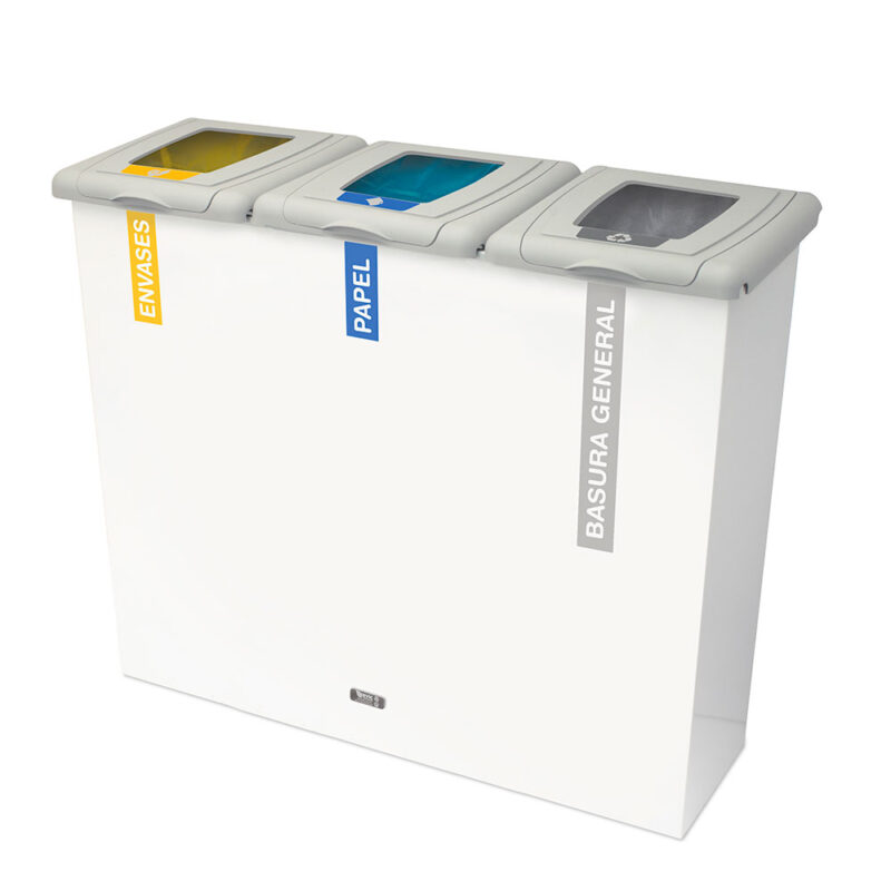 Papelera isla multiresiduo Oporto versión monobloque con tres compartimentos de reciclaje independientes