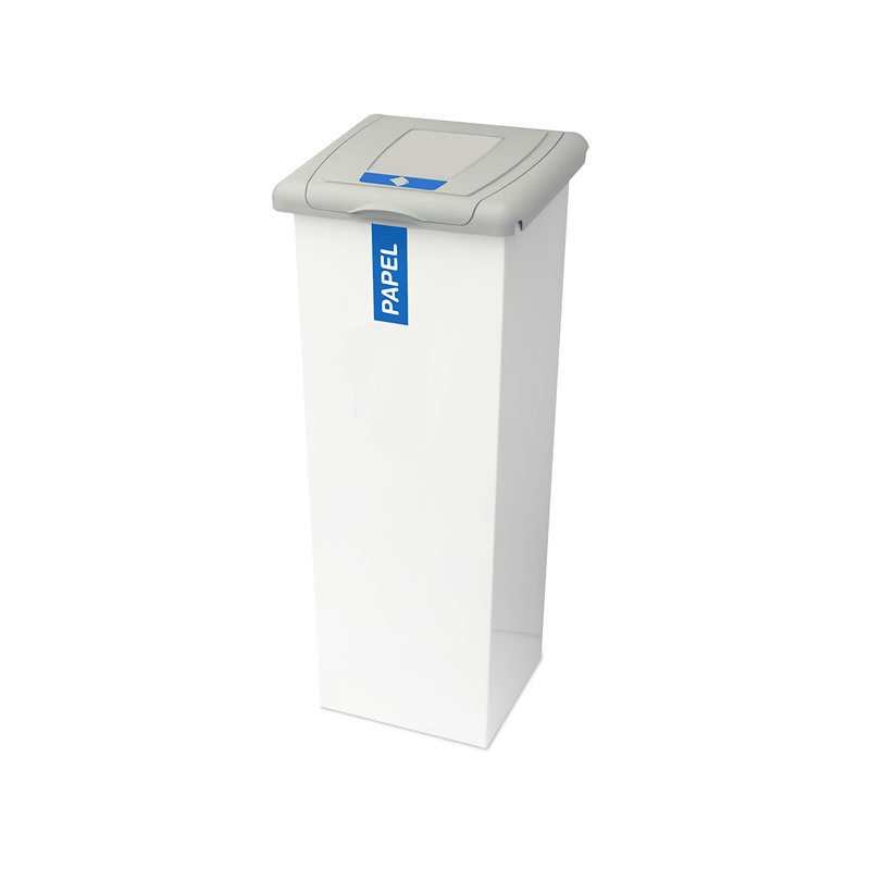 Papelera de reciclaje multiresiduo modelo Oporto con tapa superior selectiva para interiores.