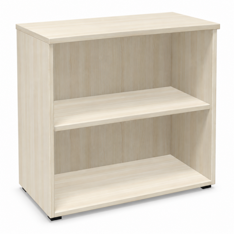 Estantería baja de oficina de 74 cm de altura, fabricada en melamina, con una balda interior y diseño abierto.